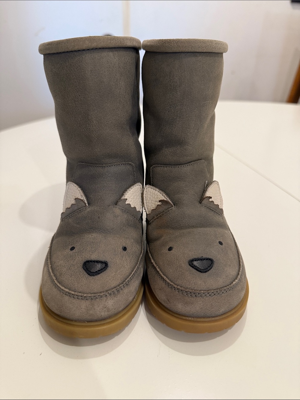 Kids Gray Bear Face Cozy Boots